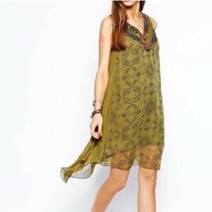 NWT Free People Green Beaded V-Neck Tunic Dress Sz XS Sleeveless Boho